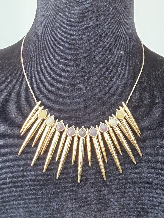 Jewelry - Gold Spike Statement Necklace with Neutral Stone Accents